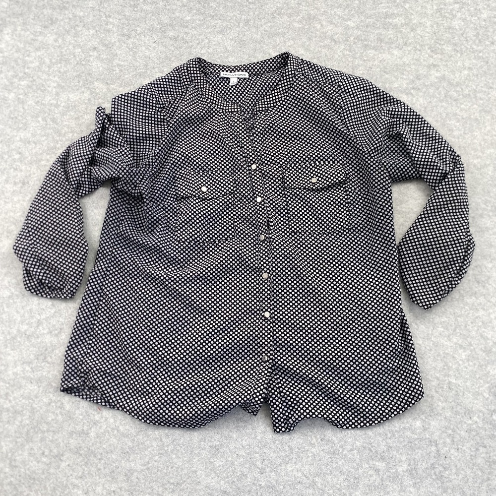 Notations Blouse Womens L Black Polka Dot Snap Front Long Sleeve Stretch Top